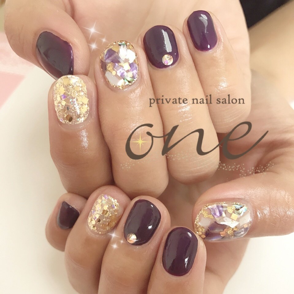 秋 冬 シェル パープル ゴールド Private Nail Salon Oneのネイルデザイン No ネイルブック