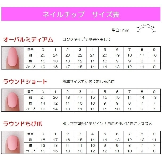 ⑨ロングオーバルネイルチップサイズ表 - ネイルチップ・付け爪