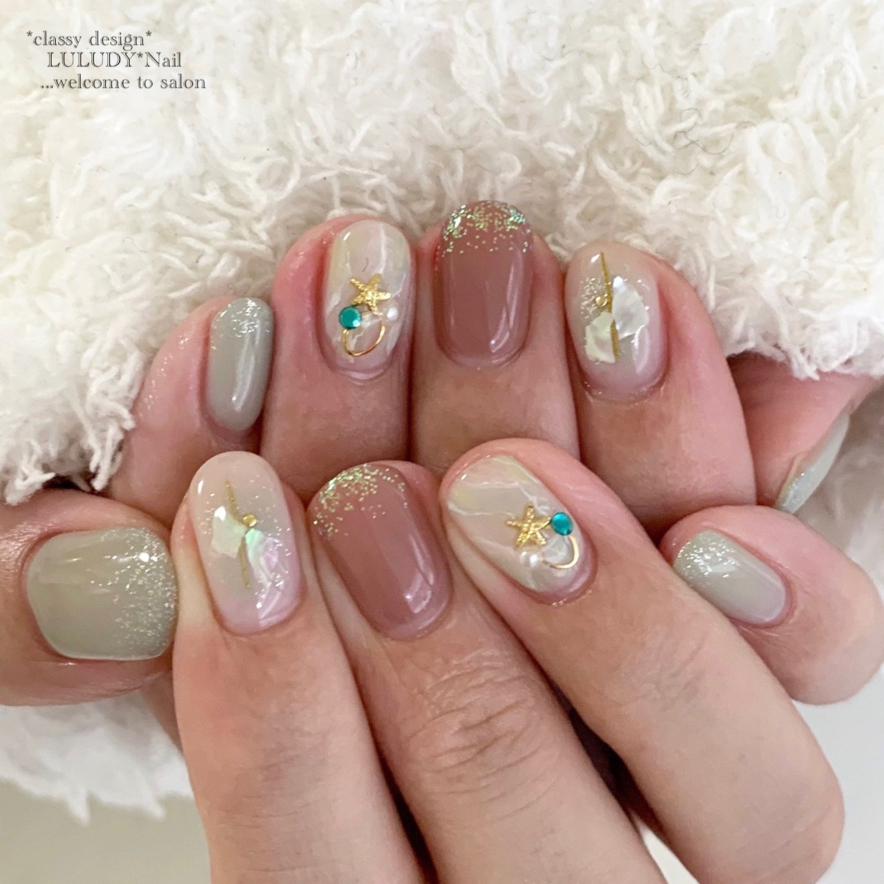 夏 秋 シェル 大理石 グリーン Luludynailのネイルデザイン No ネイルブック