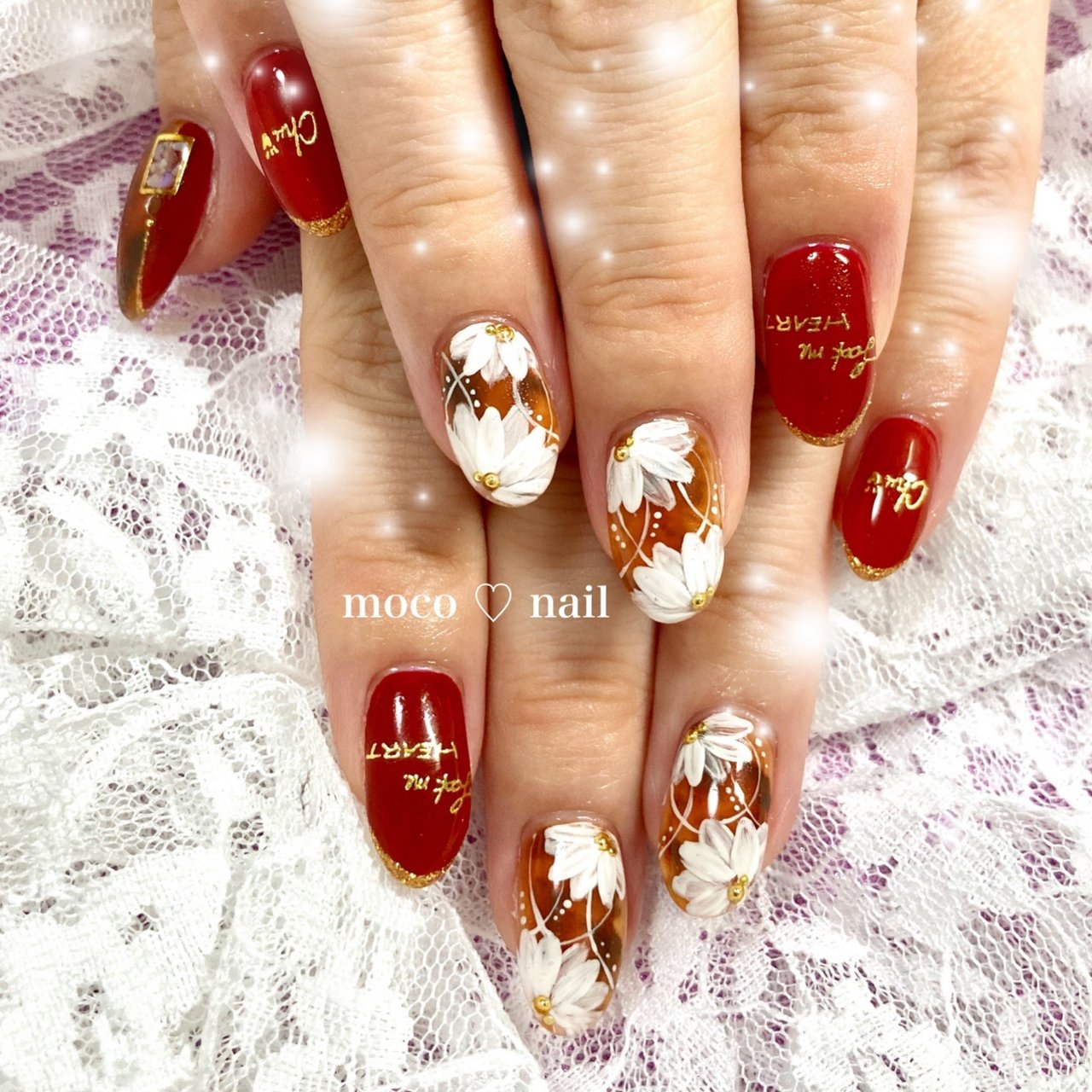 秋 ハンド フラワー べっ甲 ボルドー Moco Nailのネイルデザイン No ネイルブック