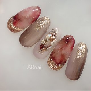 ボルドーべっ甲ニュアンスネイル 赤べっ甲 ゴールド 韓国 ベージュ 秋