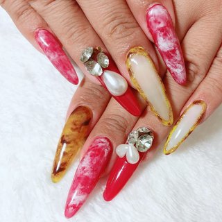 人気順 夏 スカルプチュア 赤マーブルのネイルデザイン ネイルブック