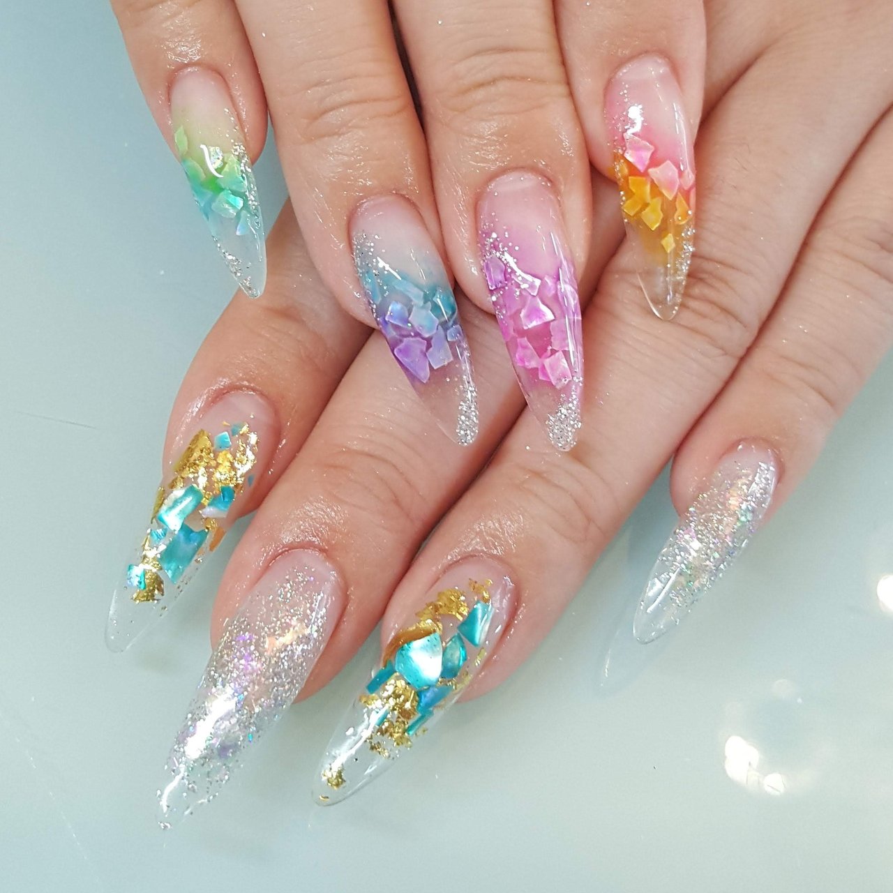 夏 ハンド ラメ シェル スーパーロング Lilasnail Ayaのネイルデザイン No ネイルブック