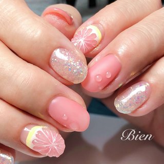 ピンクグレープフルーツ♡ #60代ネイル#フルーツネイル#ぷくぷくネイル#マットネイル#水滴ネイル#ドロップネイル#レモンネイル#ピンクグレープフルーツネイル#ラメネイル#ピンクネイル#60代のお客様 #春 #夏 #オールシーズン #リゾート #ハンド #ホログラム #ラメ #水滴 #トロピカル #フルーツ #ミディアム #ホワイト #ピンク #イエロー #ジェルネイル #お客様 #広島ネイルサロンBien エミ #ネイルブック