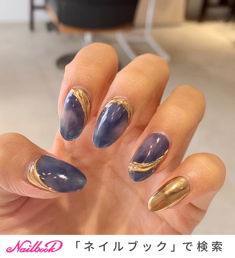 ネイビー ゴールド セルフネイルのネイルデザイン ネイルブック