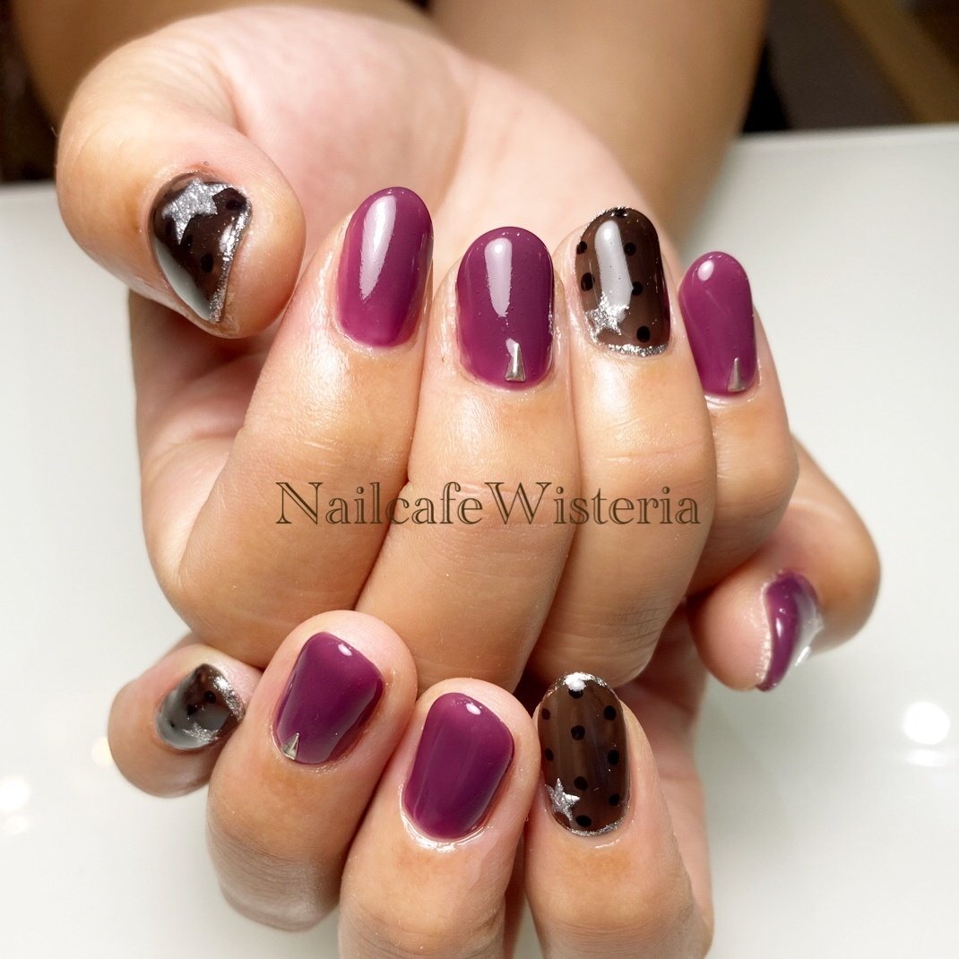 秋 ハンド ドット パープル ブラック Nailcafewisteriaのネイルデザイン No ネイルブック