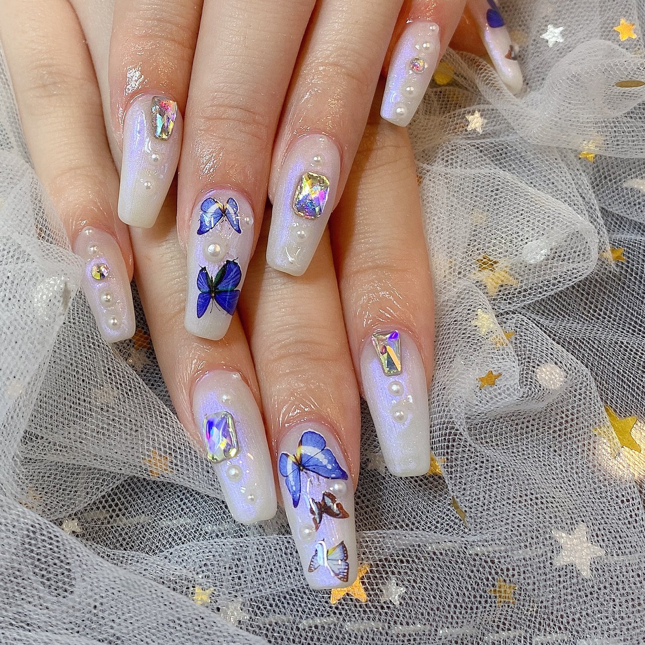 パール ミディアム ホワイト ブルー スカルプチュア パンダ Nail 川崎のネイルデザイン No ネイルブック