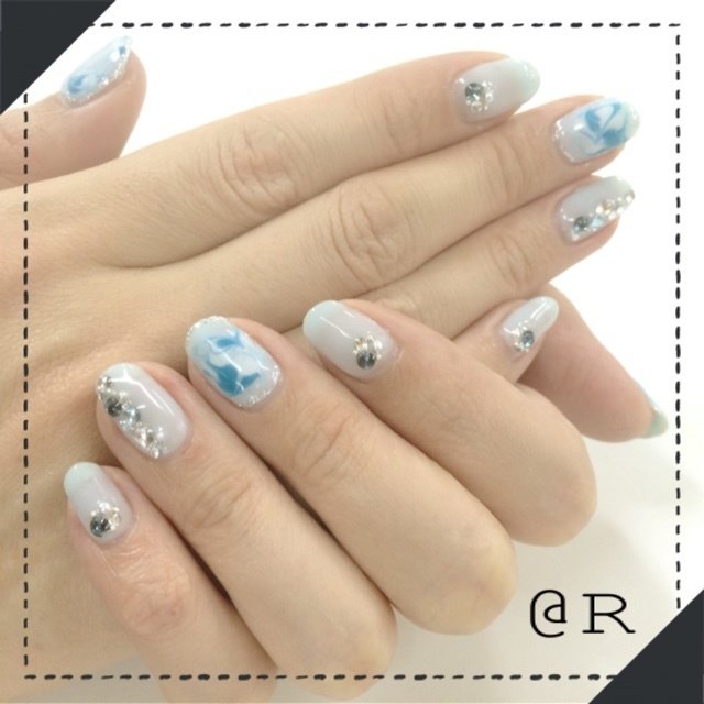夏 ハンド マーブル ミディアム ブルー Rのネイルデザイン No ネイルブック
