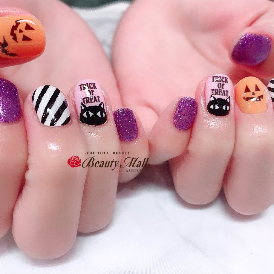 ハロウィン ハンド ラメ ストライプ オレンジ ビューティーモール 足利店 ネイルサロン Pinkyのネイルデザイン No ネイル ブック