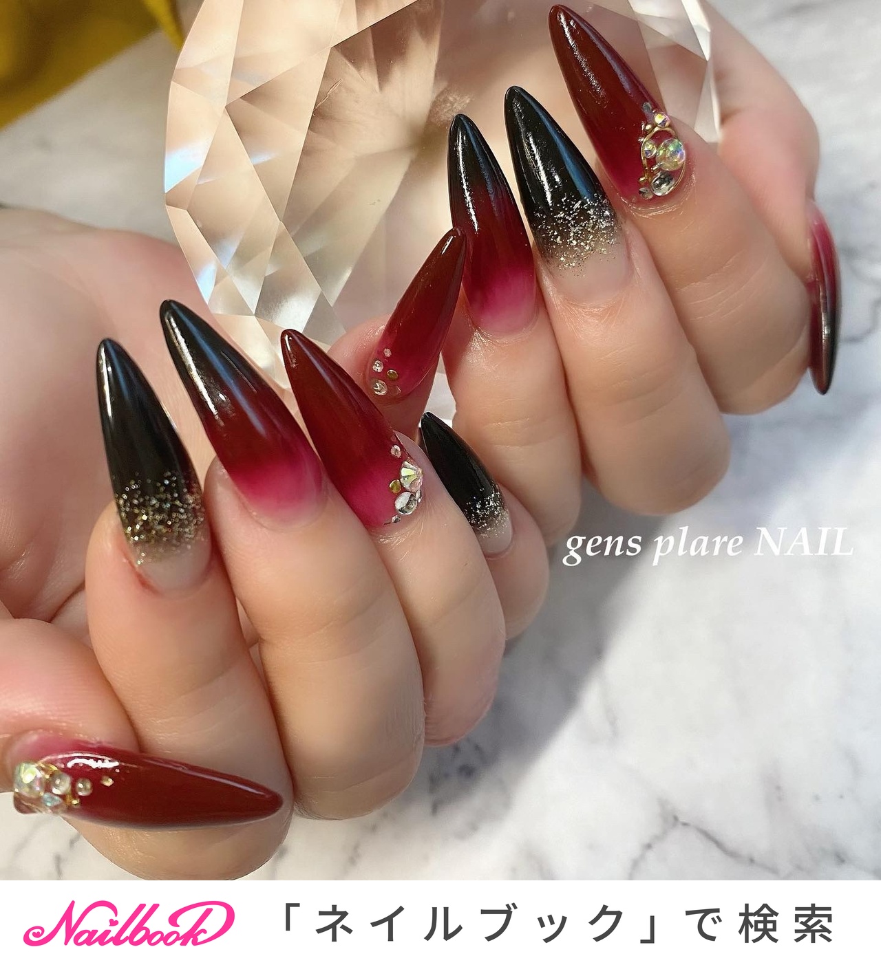 和風♡スーパーロング♡赤紫黒グラデ3Dお花ネイルの通販 by
