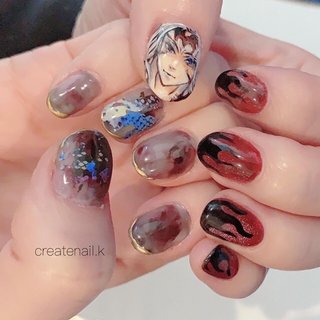 #staffnail #鬼滅の刃ネイル #鬼舞辻無惨#手描きアート#鬼滅の刃
#痛ネイル#イラストネイル #ファイヤーネイル #firenails 
#ミラーネイル#スターギャラクシー #オールシーズン #ハンド #痛ネイル #タイダイ #ミラー #ミディアム #ボルドー #ブラック #ジェルネイル #ネイルモデル #kana（CREATENAIL.K） #ネイルブック