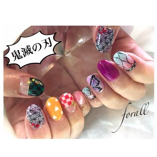 鬼滅の刃ネイル！インスタを参考に。。😊楽しんで下さい⚔️🏮💘 
- [ ] #2020ネイル#秋ネイル2020#秋ネイル#秋ネイルデザイン#秋デザイン#ジェル#ジェルネイル#秋人気デザイン#ニュアンス#秋フット#鬼滅の刃#アニメネイル#たんじろう #ねづこネイル #しのぶネイル #和柄#市松模様#麻模様 #オールシーズン #ハロウィン #パーティー #ハンド #ミディアム #カラフル #ジェルネイル #お客様 #はな #ネイルブック