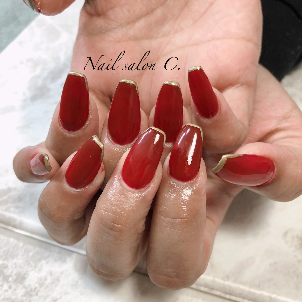 秋 ハンド 変形フレンチ ロング ボルドー Nail Salon C のネイルデザイン No ネイルブック