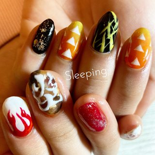🌟 #お客様ネイル
#ジェルネイル
#持ち込みアート
#アートし放題
・
・

【#煉獄さん善悦コラボネイル✨🔥🔥🔥】
 
・
・

★
#きめつのやいば #きめつあ#鬼滅ネイル #煉獄さん #善悦 #ぜんえつ #れんごく #推し #ネイル #かわいい #クリスマス #パーティー #kimetsunoyaiba #nailart #rengokukyoujorou 
★

・
・
・
#フットケアサロンsleeping
#すりーぴんぐ
#sleeping
#埼玉県戸田市
★
#nail 
#日本 #可爱 #네일 #귀여운 #일본
➖➖➖➖➖➖➖➖
★
☆
★
🌱 mami🌿 #ライブ #スポーツ #パーティー #女子会 #ハンド #グラデーション #ワンカラー #くりぬき #キャラクター #幾何学模様 #ミディアム #レッド #オレンジ #イエロー #ジェルネイル #お客様 #🌱すり～ぴんぐ🌱 #ネイルブック