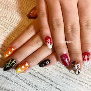 🌟 #お客様ネイル
#ジェルネイル
#持ち込みアート
#アートし放題
・
・

【#煉獄さん善悦コラボネイル✨🔥🔥🔥】
 
・
・

★
#きめつのやいば #きめつあ#鬼滅ネイル #煉獄さん #善悦 #ぜんえつ #れんごく #推し #ネイル #かわいい #クリスマス #パーティー #kimetsunoyaiba #nailart #rengokukyoujorou 
★

・
・
・
#フットケアサロンsleeping
#すりーぴんぐ
#sleeping
#埼玉県戸田市
★
#nail 
#日本 #可爱 #네일 #귀여운 #일본
➖➖➖➖➖➖➖➖
★
☆
★
🌱 mami🌿 #ライブ #パーティー #デート #女子会 #ハンド #グラデーション #キャラクター #デコ #ブロック #アイシング #ミディアム #ホワイト #レッド #ビビッド #ジェルネイル #お客様 #🌱すり～ぴんぐ🌱 #ネイルブック