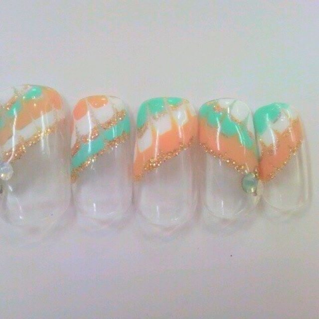 夏 ハンド ピーコック オレンジ ネイルチップ L A V I の