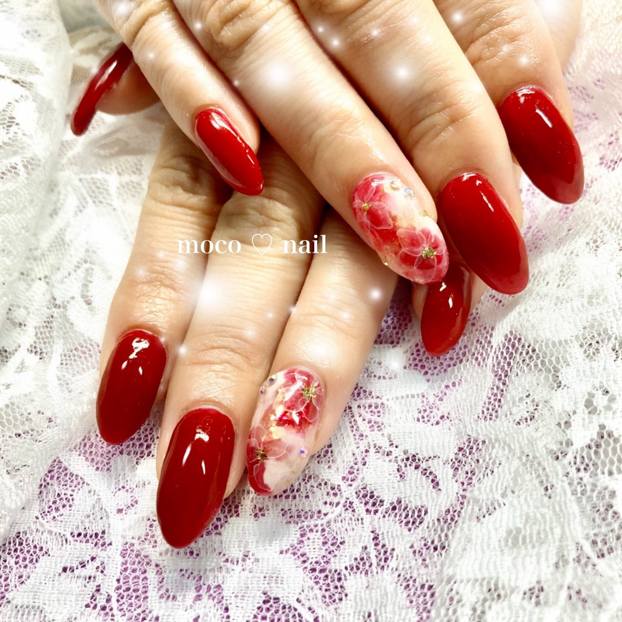 ワンカラー フラワー ニュアンス レッド ボルドー Moco Nailのネイルデザイン No ネイルブック