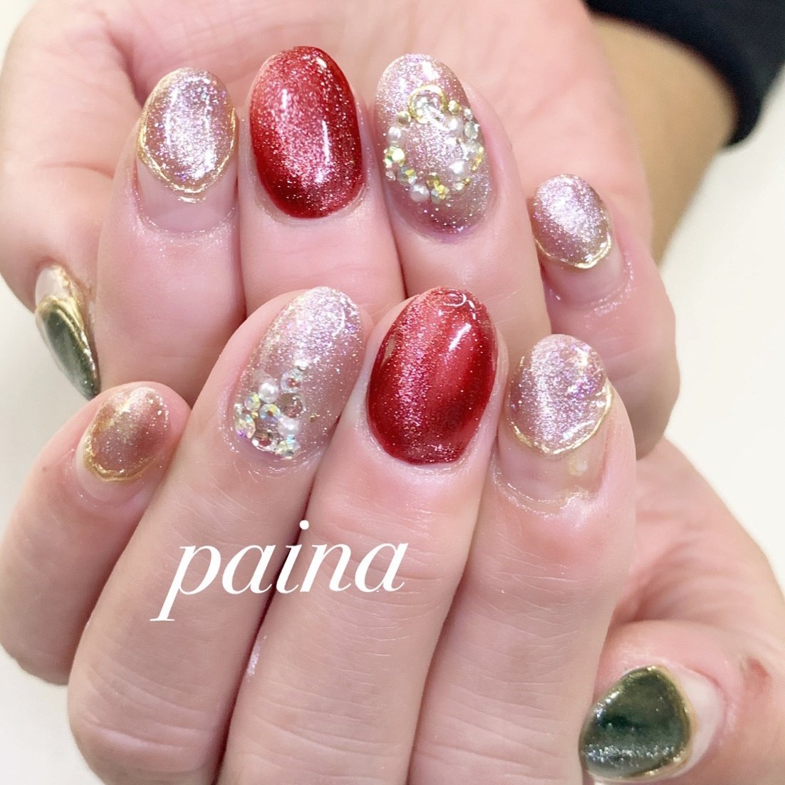 クリスマス マグネット レッド グリーン ジェル 越谷市 ネイルパイナ Nailpainaのネイルデザイン No ネイルブック