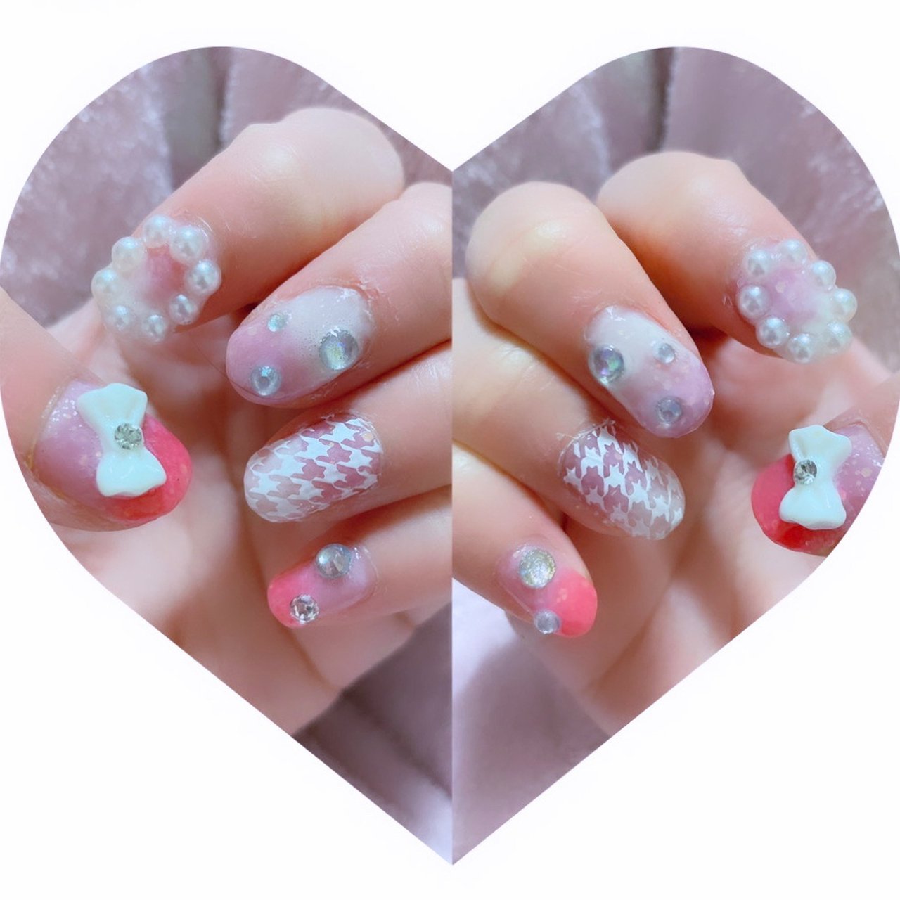 女子会 ハンド ビジュー パール 千鳥柄 Miiのネイルデザイン No ネイルブック