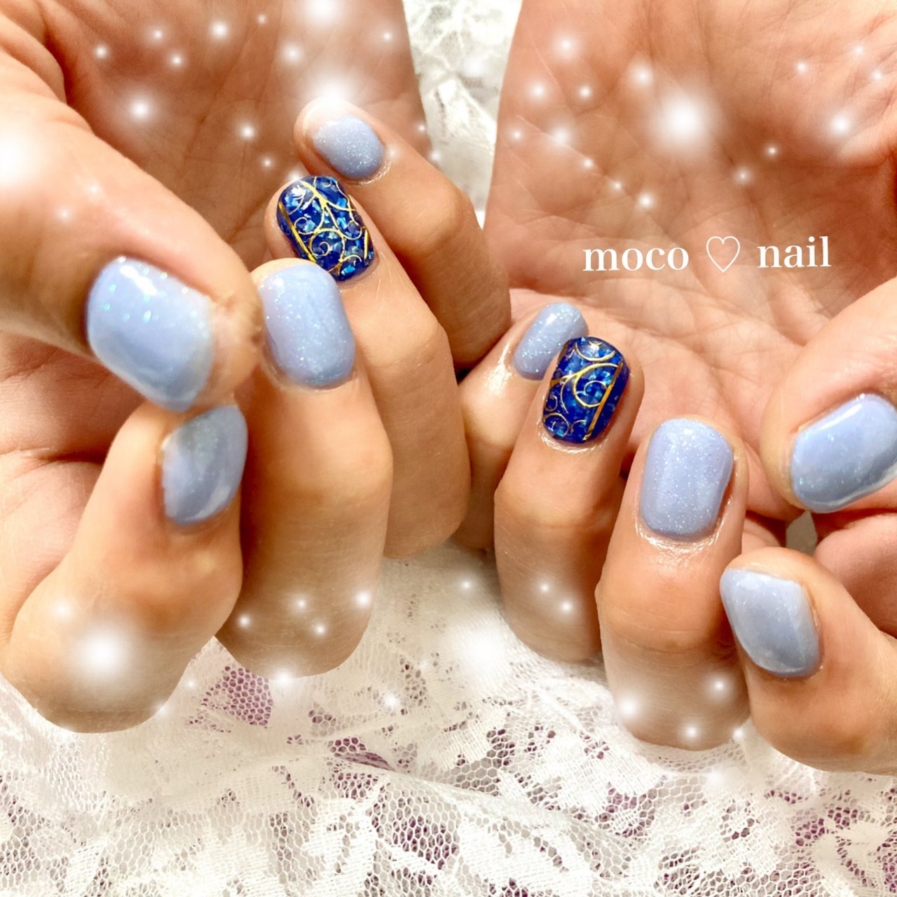 ハンド ラメ 水色 ネイビー ゴールド Moco Nailのネイルデザイン No ネイルブック