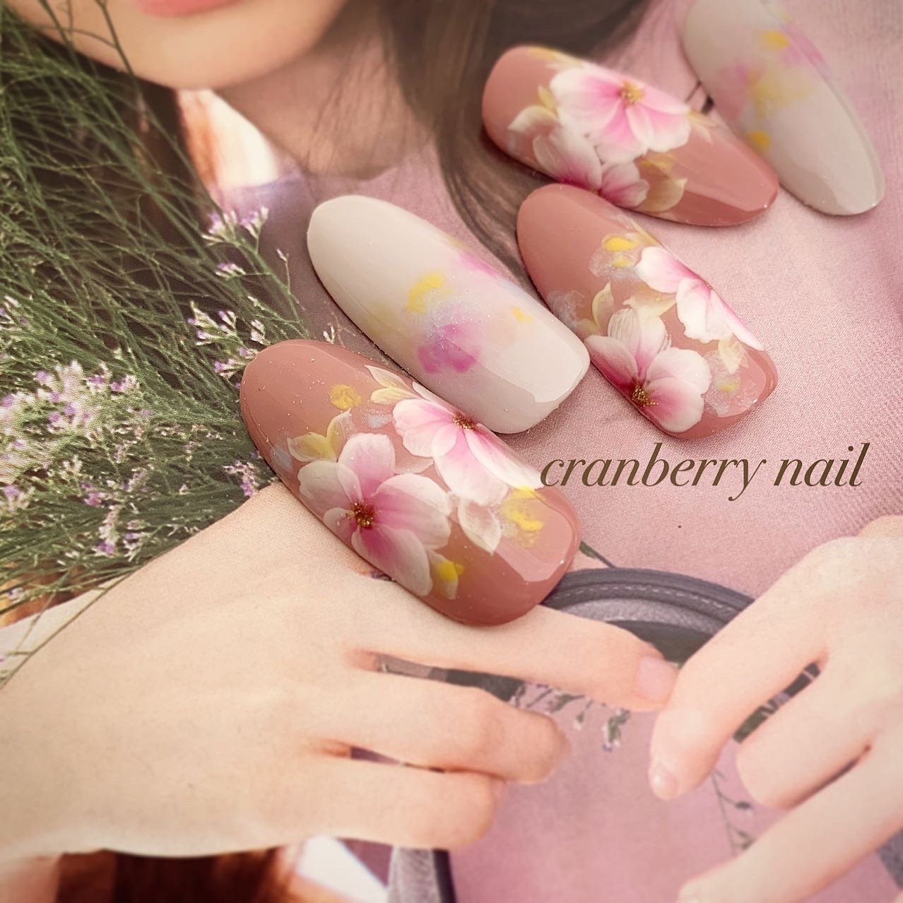 オールシーズン ハンド フラワー ショート ピンク 所沢ネイルサロン Cranberry Nailのネイルデザイン No ネイル ブック