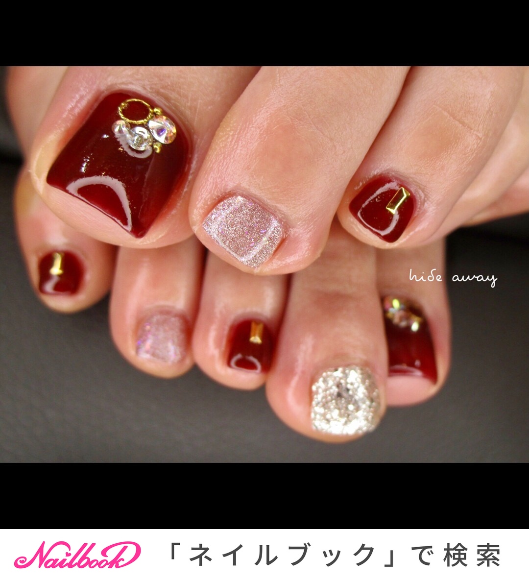 フット ピンク 赤のネイルデザイン ネイルブック