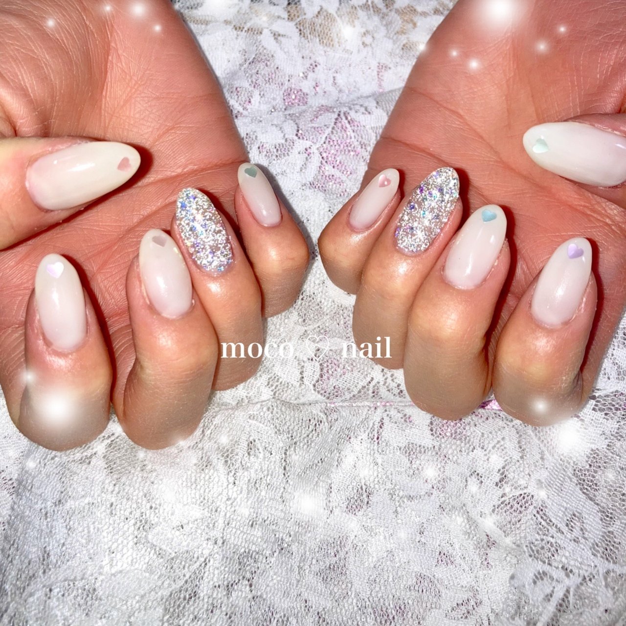 ハンド ラメ ワンカラー ハート ベージュ Moco Nailのネイルデザイン No ネイルブック