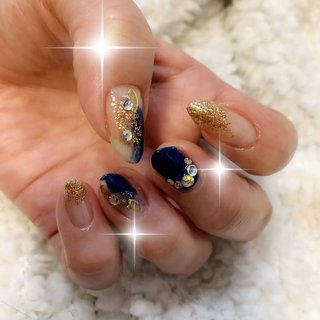 ネイビー ゴールド マニキュアのネイルデザイン ネイルブック