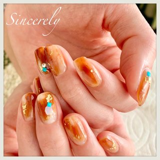 オレンジ ブラウン セルフネイルのネイルデザイン ネイルブック