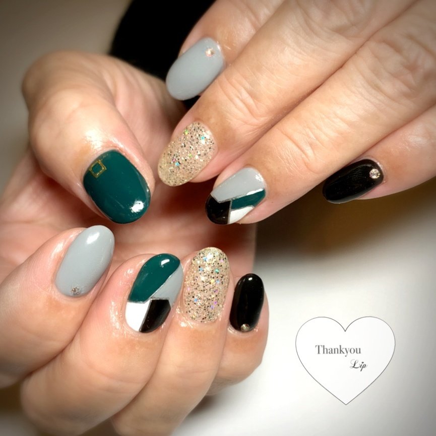 ラメ ブロック グリーン グレー ブラック Lip Mikuのネイルデザイン No ネイルブック