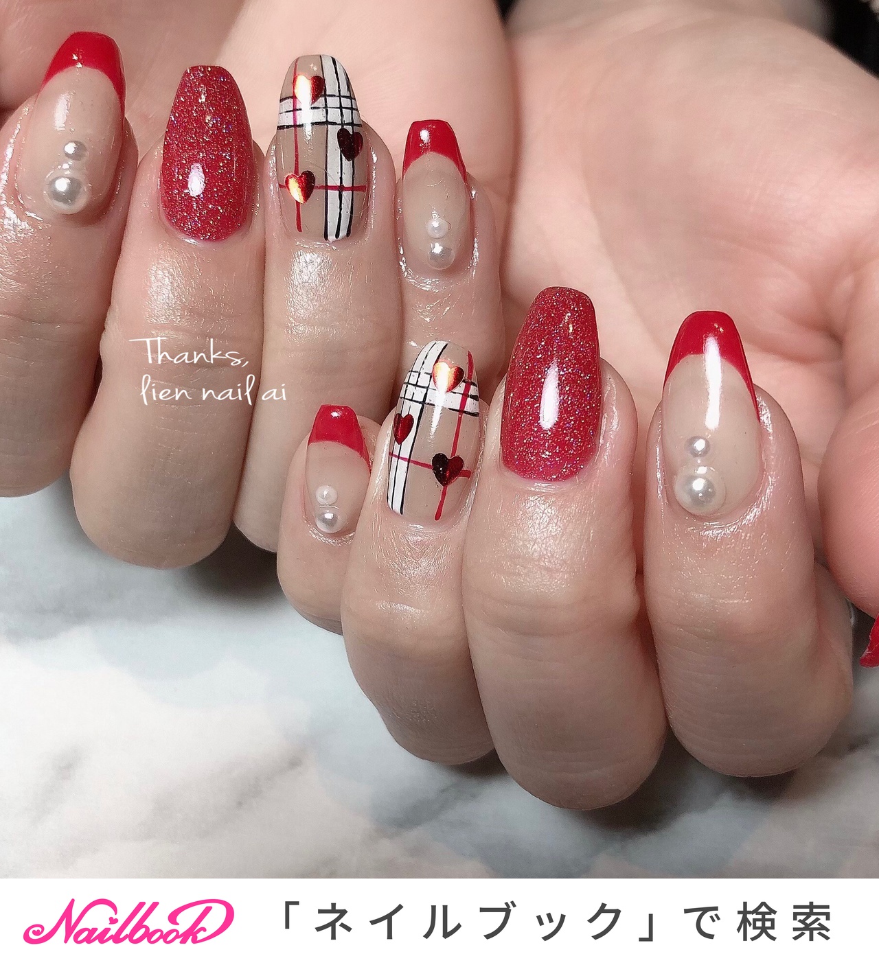 39))冬ネイル ハートネイル フレンチガーリー バレンタイン ネイル