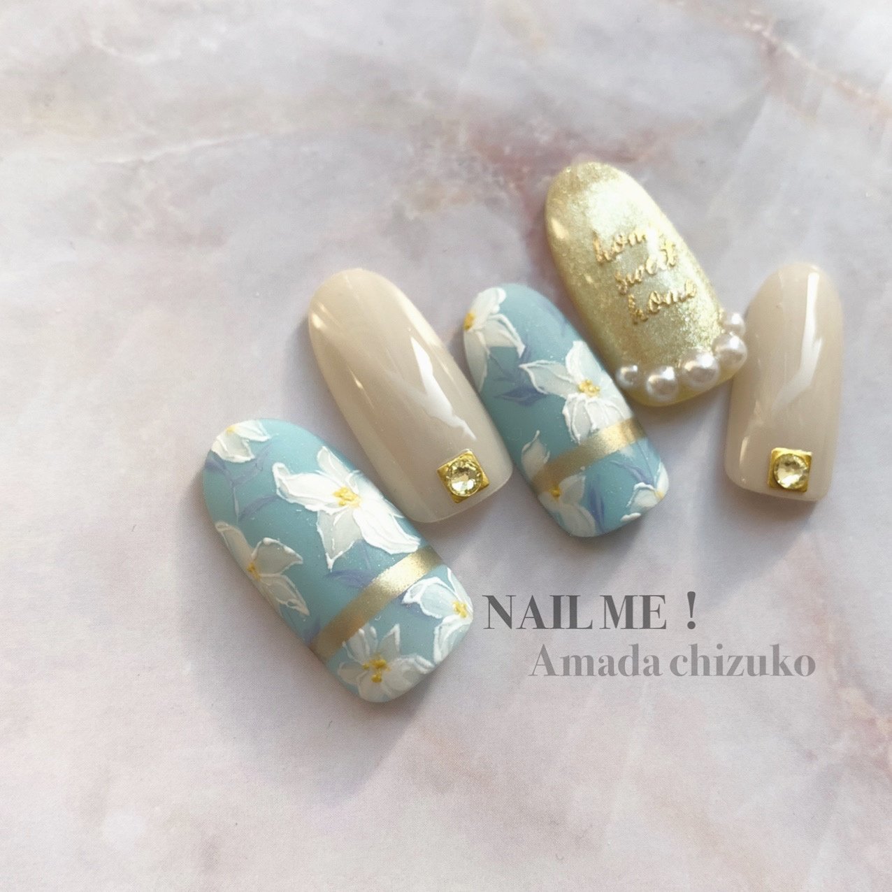 フラワー マグネット ベージュ イエロー 水色 Nail Me 天田千鶴子のネイルデザイン No ネイルブック