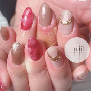 べっ甲 ベージュ レッドのネイルデザイン ネイルブック