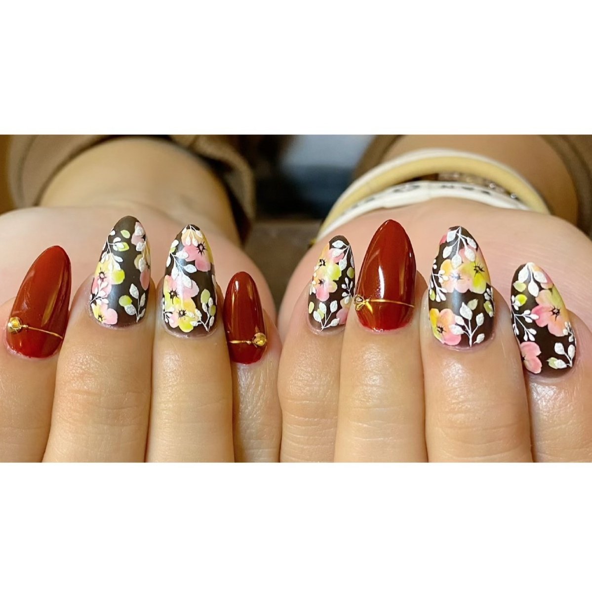 オールシーズン フラワー ボタニカル ボルドー ゴールド Myu のネイルデザイン No ネイルブック