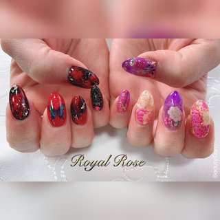 #鬼滅の刃#鬼舞辻無惨#珠世#鬼滅の刃イメージ #ハンド #フラワー #ニュアンス #レッド #パープル #ブラック #ジェルネイル #お客様 #Royal Rose #ネイルブック