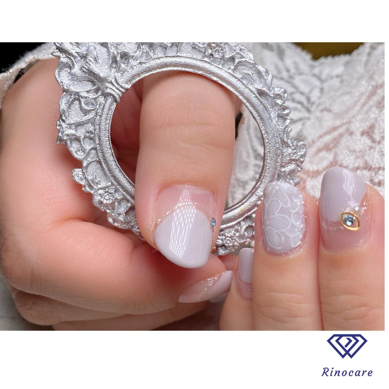 オールシーズン ハンド 変形フレンチ ラメ フラワー Rinocare リノケア のネイルデザイン No ネイルブック