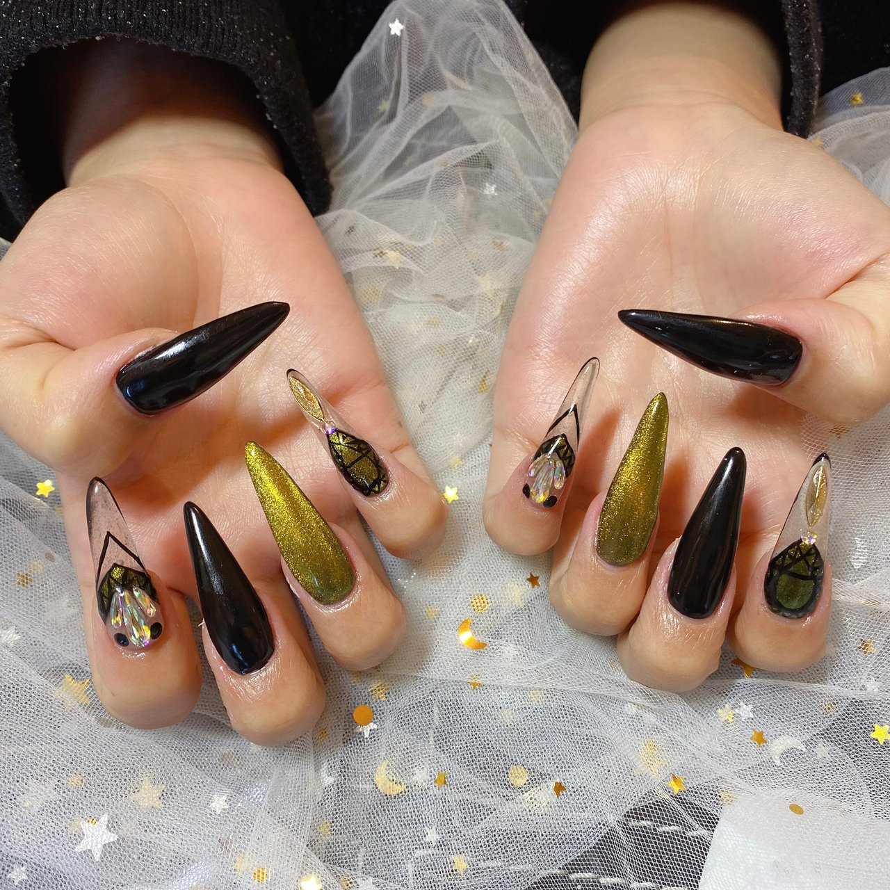 ロング グリーン ブラック ゴールド スカルプチュア パンダ Nail 川崎のネイルデザイン No ネイルブック