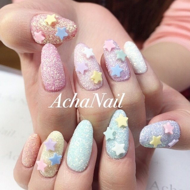 春 ハンド 星 パステル ジェル Achanail 池袋ネイルサロンのネイルデザイン No 4957 ネイルブック