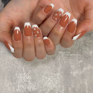 パール オレンジ 白フレンチのネイルデザイン ネイルブック