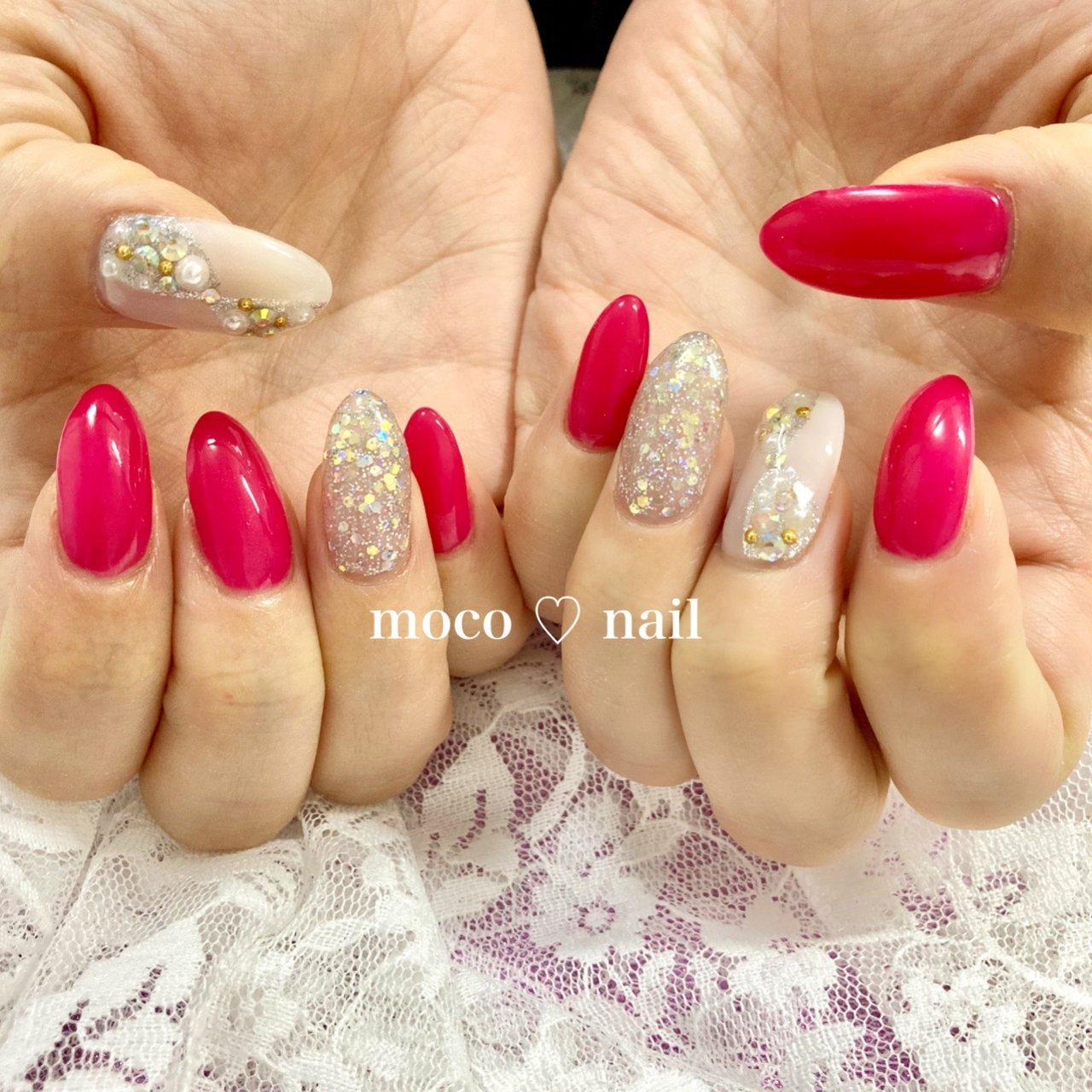 ハンド ラメ ワンカラー リボン ピンク Moco Nailのネイルデザイン No ネイルブック