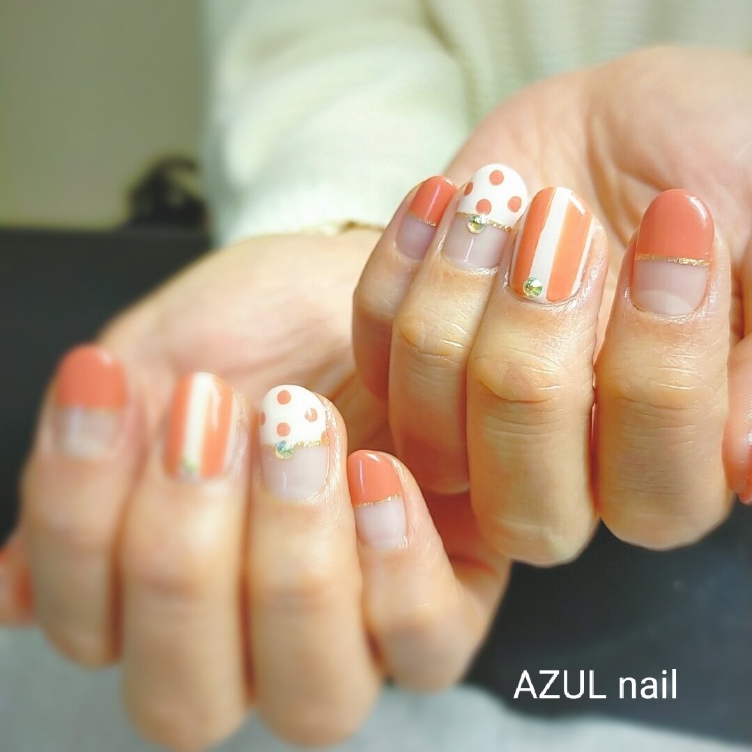 オールシーズン ハンド フレンチ ストライプ ドット Azul Nail 京成小岩のネイルデザイン No ネイルブック