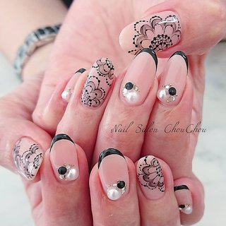 レース ピンク ブラックのネイルデザイン ネイルブック