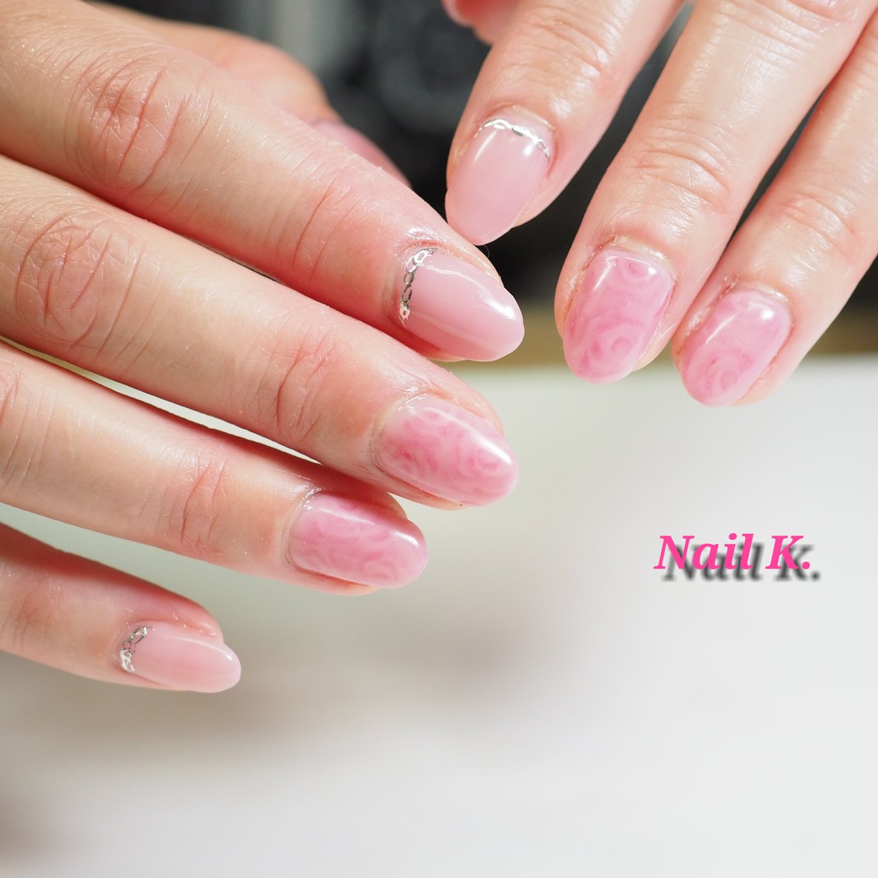 フラワー ボーダー ミラー ピンク ジェルネイル Nail K のネイルデザイン No ネイルブック