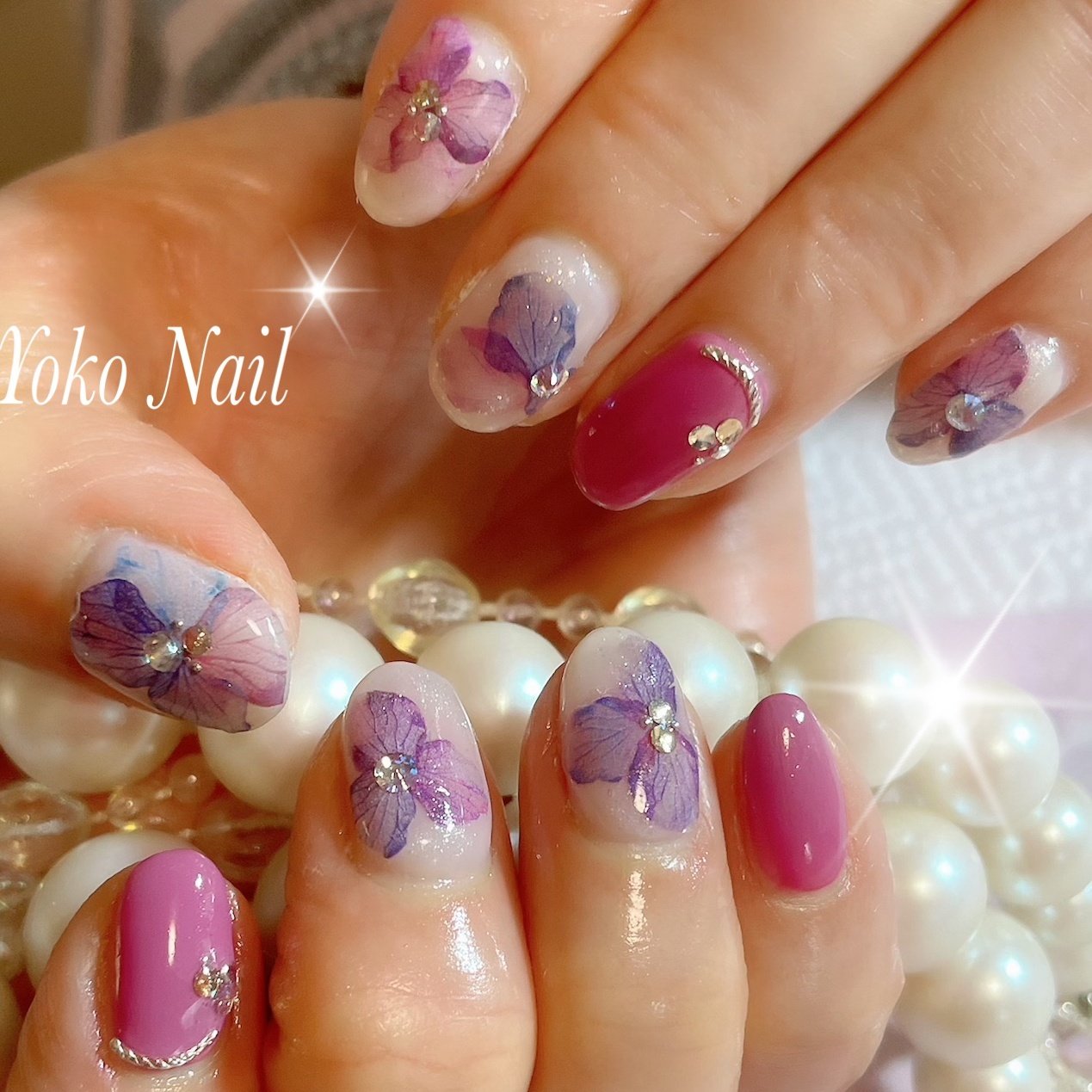 春 ビジュー フラワー ピンク ブルー Yoko Nailのネイルデザイン No ネイルブック