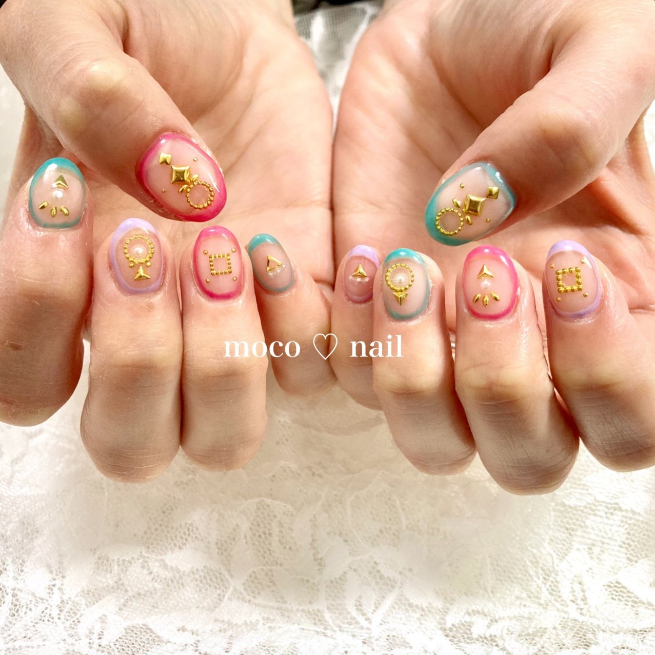 ハンド くりぬき ピンク 水色 パープル Moco Nailのネイルデザイン No ネイルブック