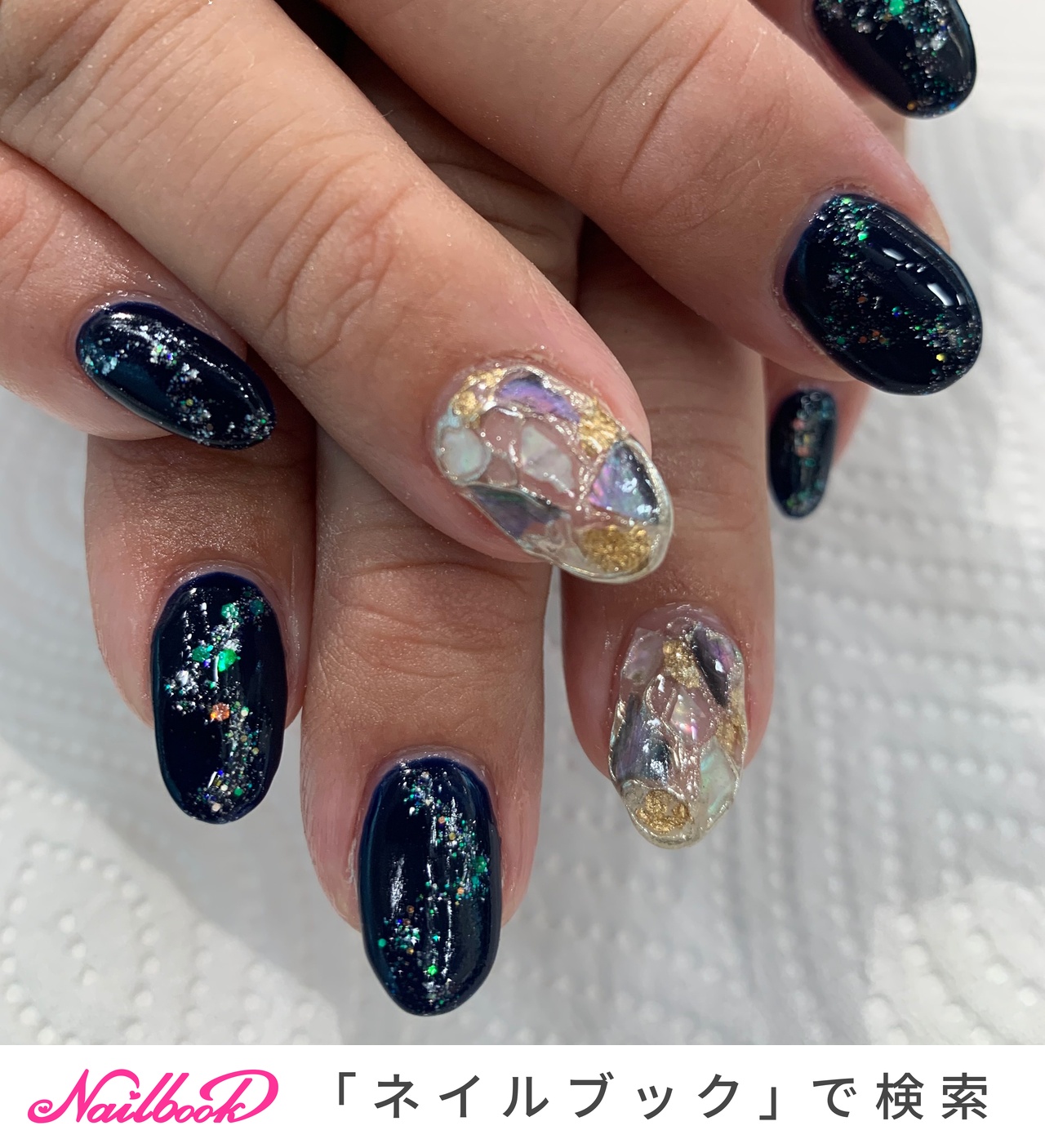 秋 ネイビー シルバーのネイルデザイン ネイルブック