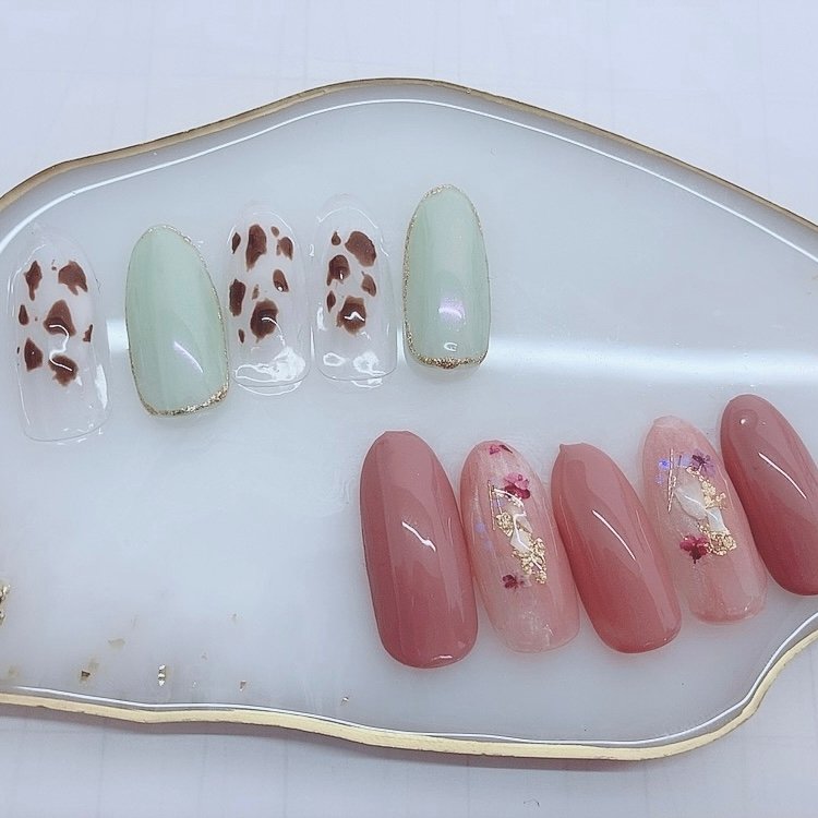 春 シンプル ピンク グリーン ジェル Mignonときわ店のネイルデザイン No ネイルブック