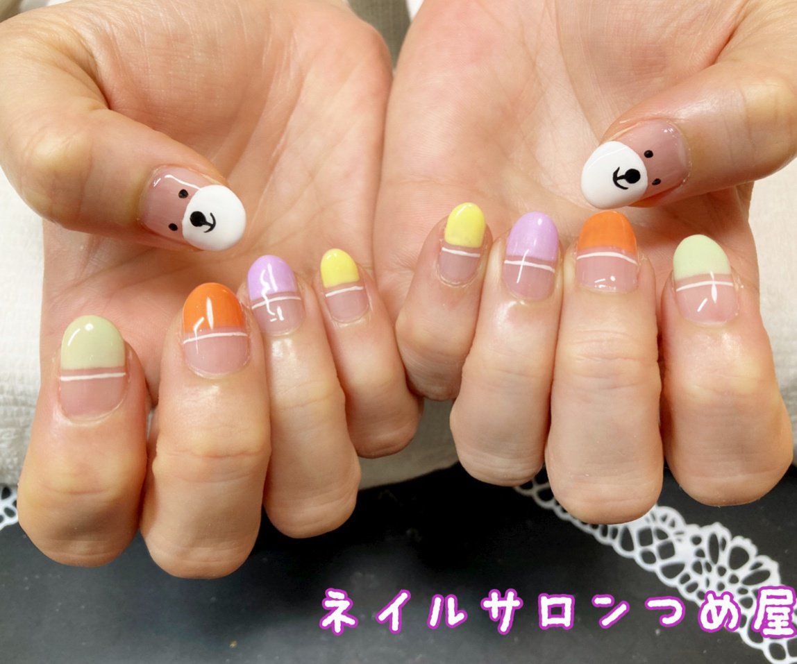 春 オールシーズン ハンド 変形フレンチ キャラクター 津田沼ネイルサロンつめ屋のネイルデザイン No ネイルブック