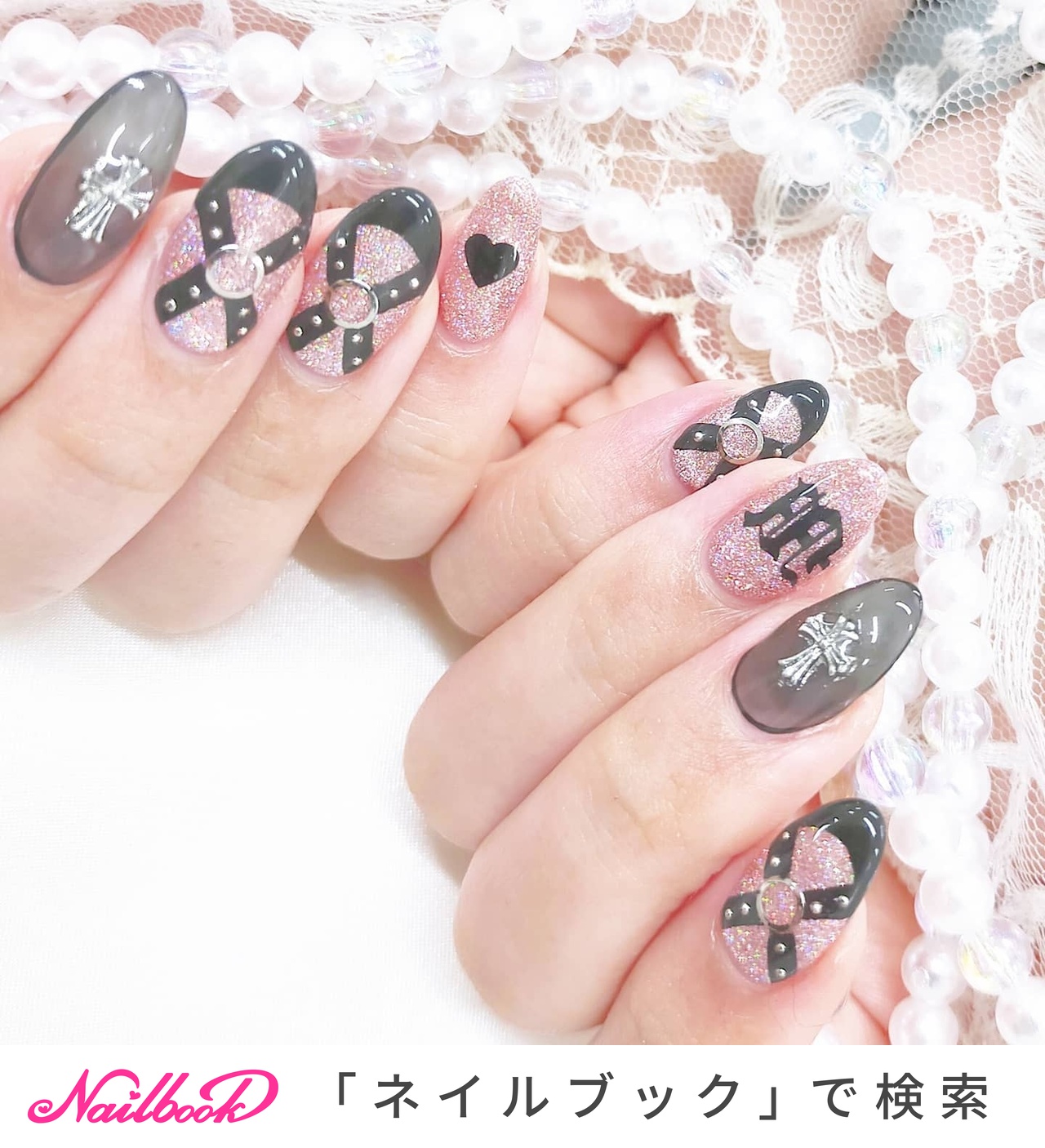 No.41量産型地雷系熊さんハートリボンピンク×黒ネイルチップ nail