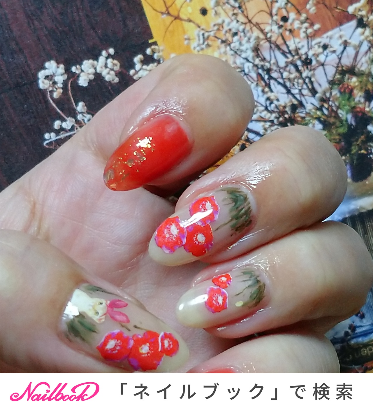 ベージュ レッド マニキュアのネイルデザイン ネイルブック